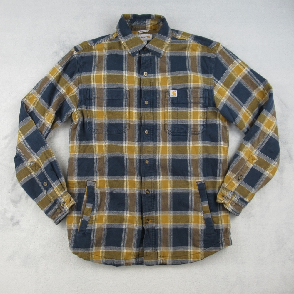 Carhartt Rugged Flex Relaxed Fit Flannel Shirt Jacket Mens Small Blue Gold Plaid
